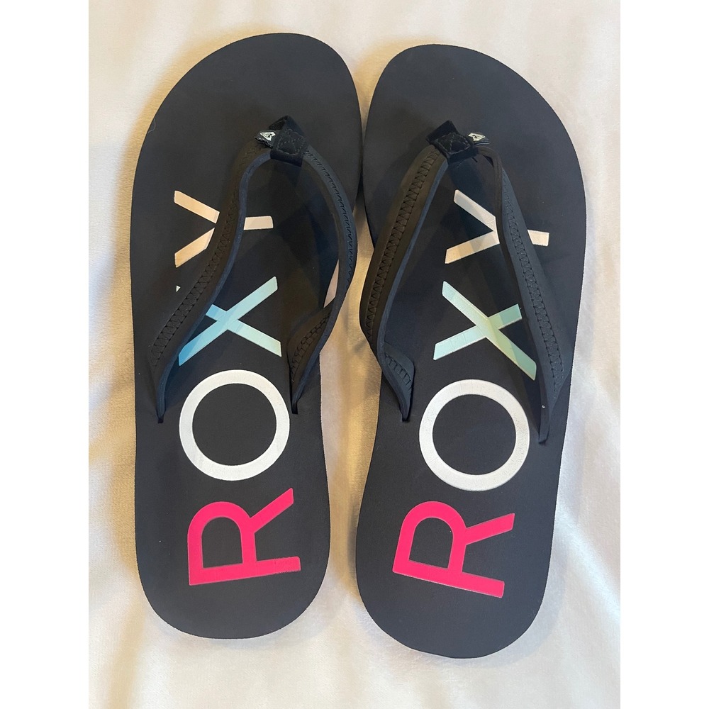 Roxy Womens Black Flip Flop Sandals Multi Color Logo Thong Beach Shoes